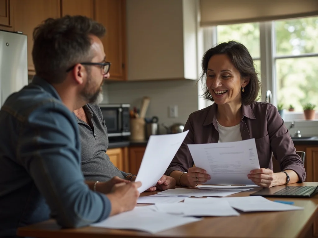 Public adjuster and homeowner reviewing insurance documents together at kitchen table with laptop open, warm natural light