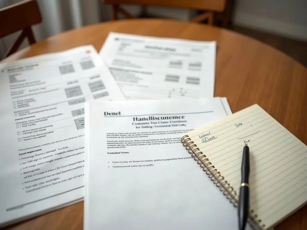 Kitchen table covered in home insurance documents, claim forms, contractor estimates, and a denial letter with handwritten notes