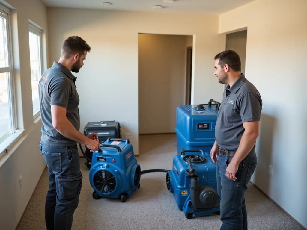 M&M Restoration crew of two technicians in uniform polo shirts setting up industrial drying equipment inside a Las Vegas home