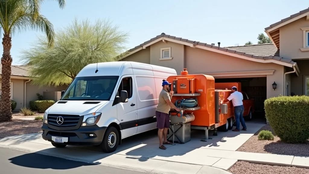 White professional restoration van parked in front of a Summerlin Las Vegas home with crew members unloading orange industrial equipment