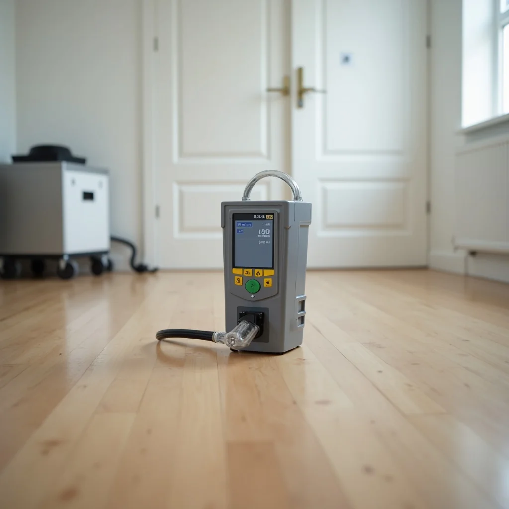 Dispositivo profesional de muestreo de calidad del aire interior en suelo de madera en una habitación limpia tras la remediación de moho