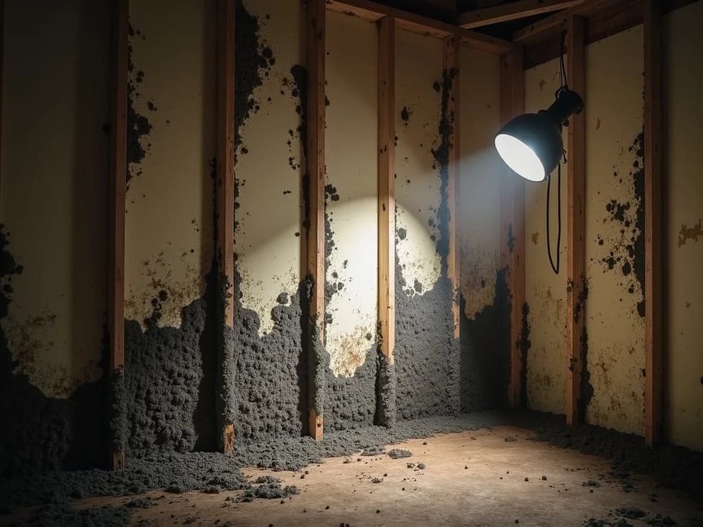 Sección transversal de pared residencial que muestra extenso crecimiento de moho negro en vigas de madera y aislamiento dentro de la cavidad de la pared