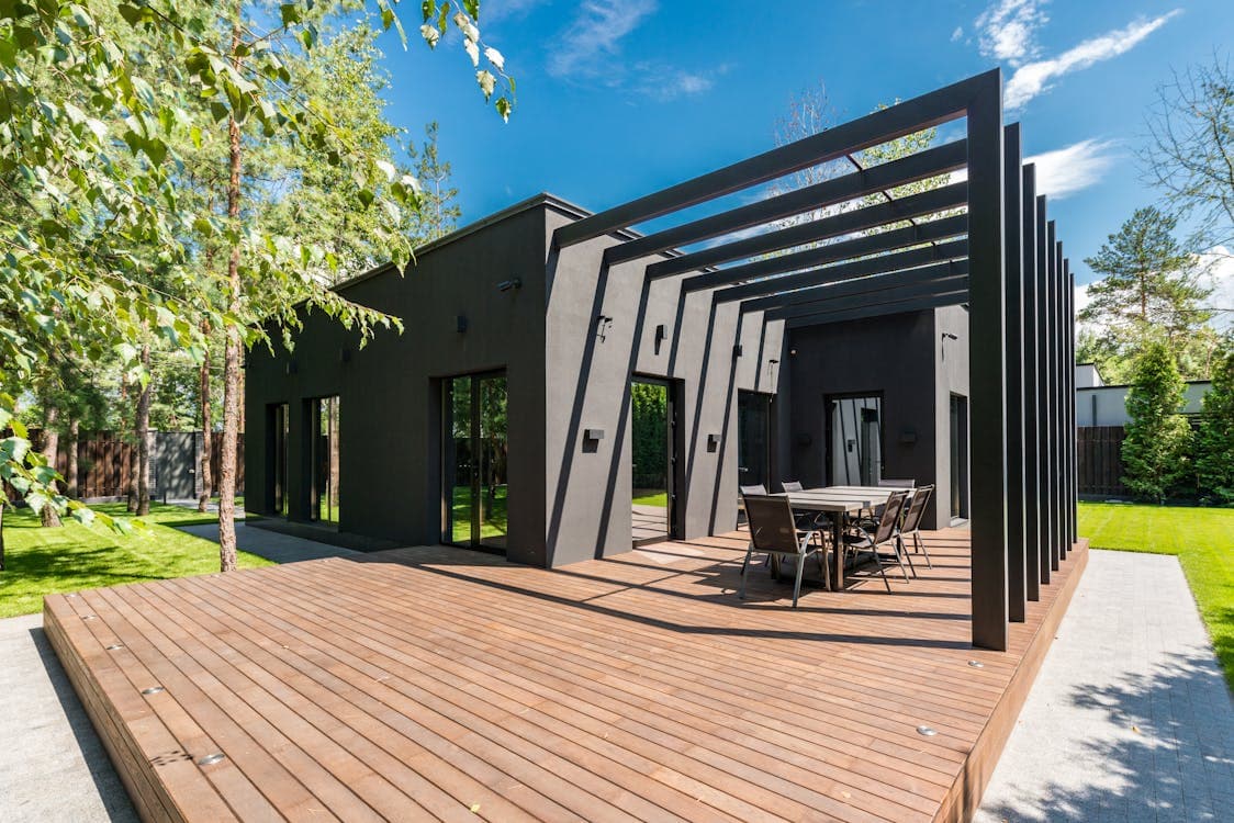 Wooden deck with warm planking on a sunny day in a backyard setting