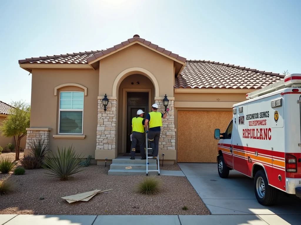 Restoration workers in safety vests installing plywood board-up on broken windows of a fire-damaged Las Vegas home