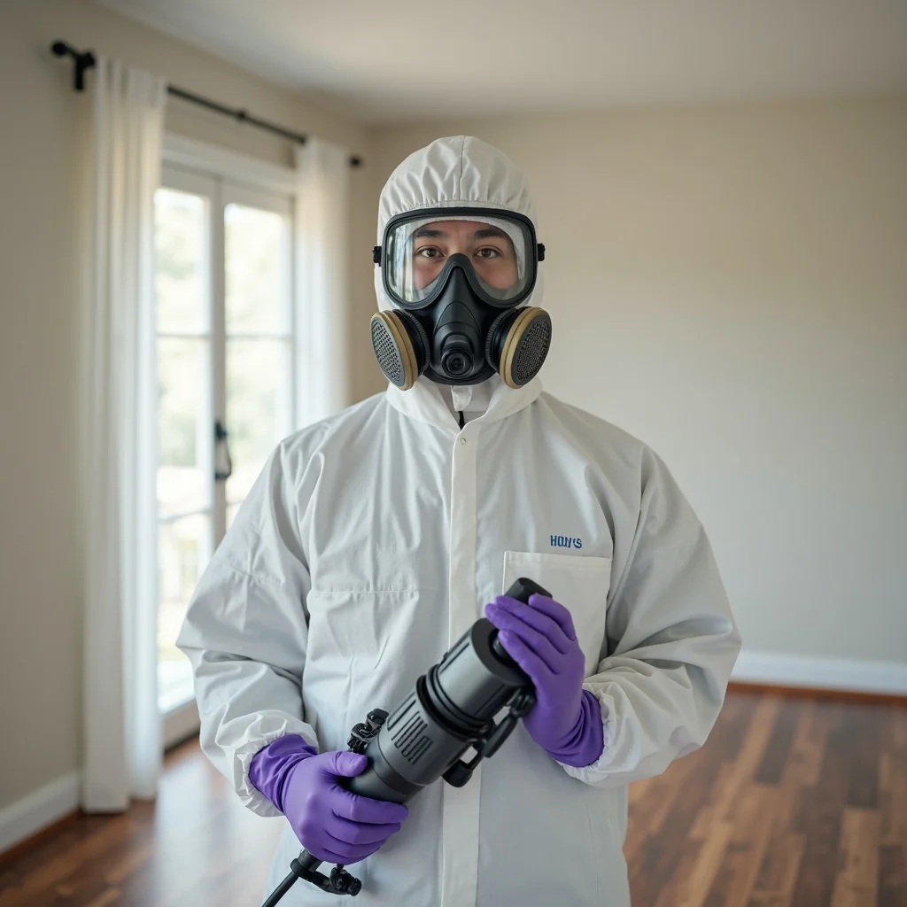 Mold remediation technician in full PPE including Tyvek suit, P100 respirator, and gloves holding air sampling pump