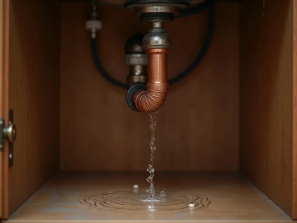 Tubería de cobre rota bajo el fregadero de la cocina con agua saliendo, emergencia de plomería