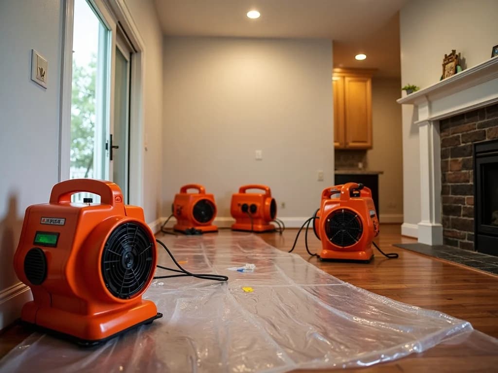 Moveedores de aire industriales y deshumidificador LGR instalados dentro de una casa en Las Vegas para restauración por daño de agua