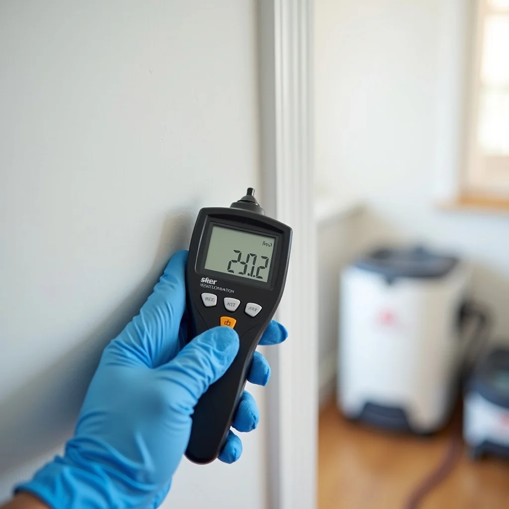 Técnico de daño de agua presionando un medidor de humedad digital contra el drywall mostrando una lectura elevada de humedad