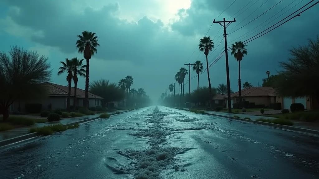 Las Vegas suburban street during flash flood from monsoon storm with dark rushing water and palm trees bending in wind